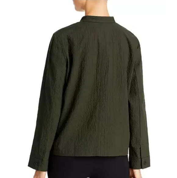 Eileen Fisher Organic Cotton Pucker Mandarin Collar Jacket Green Oversize XS - Picture 2 of 15